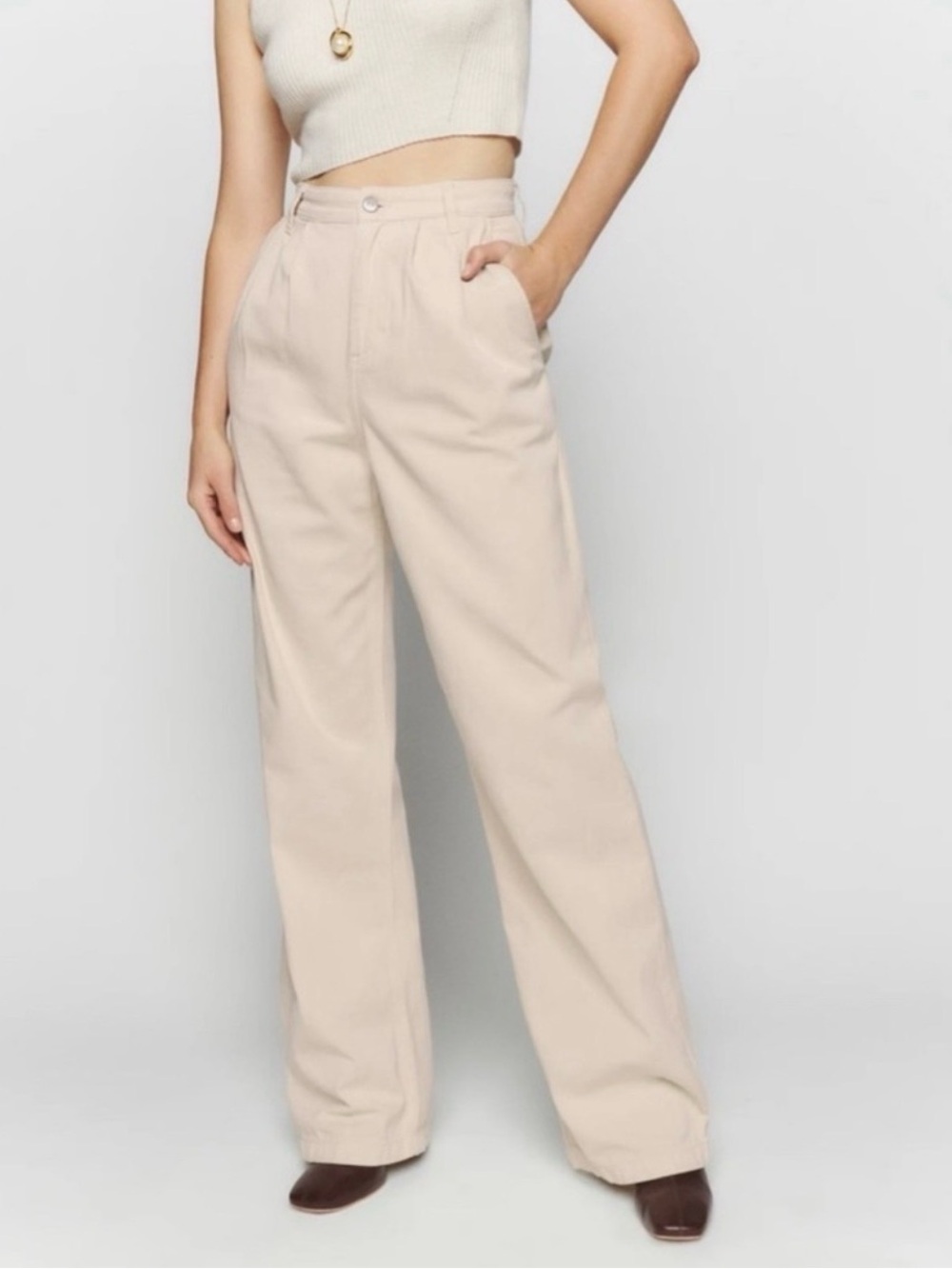 Reformation Jeans Montauk Pleated High Rise Twill Pants Cream Size 30